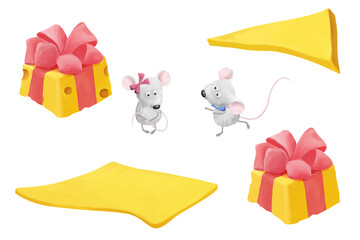 Cute tiny mouses boy and girl. Positive illustration, clip art on white background