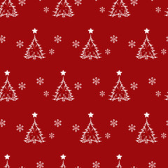 Vector red monochrome small elegant sparkling christmas tree with star and snowflakes seamless background. Suitable for textile, gift wrap and wallpaper.
