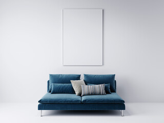 white vertical empty mock-up picture frame on white wall, above blue sofa, 3D background concept illustration