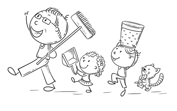 Happy Father And Kids Doing Housework, Children Helping Parents