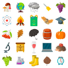 Autumn, school icon set. Cartoon and flat style. White background. Vector illustration.