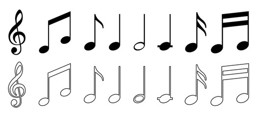 Set of black music icon notes on white background