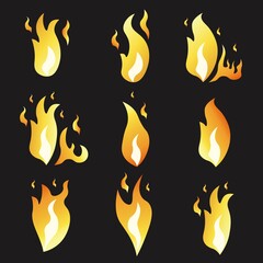Set of animation fire and illustration  various . Cartoon  flat style. Explosion  frames. Vector . Black background.