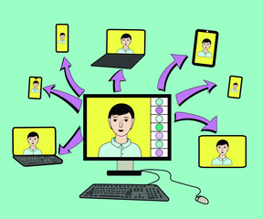 Work and study at home, remotely via the Internet via video. Ability to communicate via mobile devices, computers, tablets, phones. Ability to stay in touch during quarantine. Vector illustration.