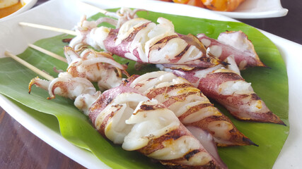 
Grilled squid on banana leaves.Sea food.