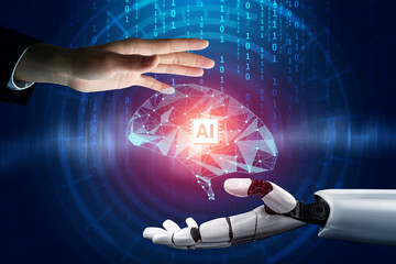 3D Rendering futuristic robot technology development, artificial intelligence AI, and machine...