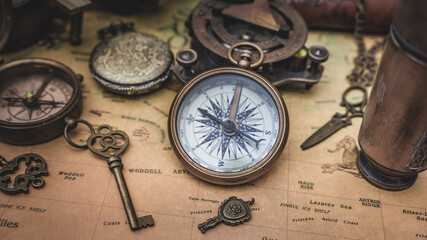 Antique Compass And Old Map