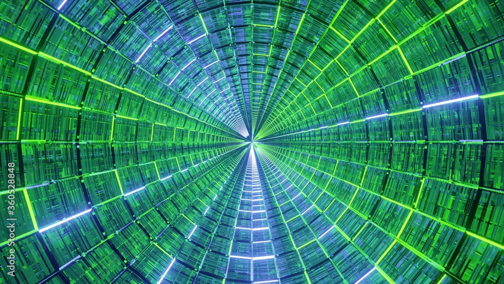 Poster 3d rendering illustration with futuristic sci-fi techno lights creating a circled tunnel