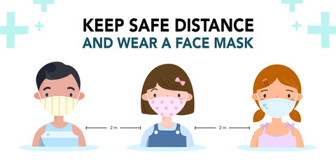 Fototapeta premium Coronavirus prevention with social distancing and wear a face mask. Children wearing fabric masks and keep safe distance at school to protect from Covid19 pandemic. vector illustration