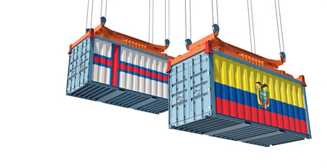 Freight containers with Faroe Islands and Ecuador flag. 3D Rendering 