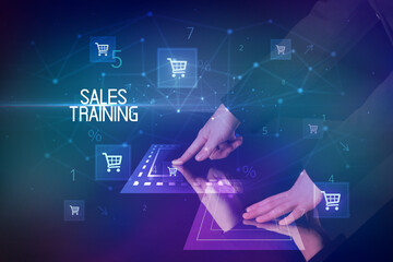 Online shopping with SALES TRAINING inscription concept, with shopping cart icons