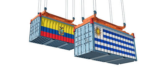 Freight containers with Uruguay and Ecuador flag. 3D Rendering 