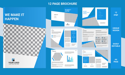 12 pages brochure template layout design with cover page for company profile, annual report, brochures, presentations, leaflet, magazine, book.