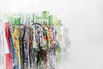 watercolour painted of Colorful flower pattern women's clothes hang on to green clothes line in the Asia - Korea fashion shop.