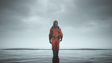 Man Hazmat Suit with Gas Mask and Breathing Apparatus Walking Towards in Water with Black Sand 3d illustration 3d render  