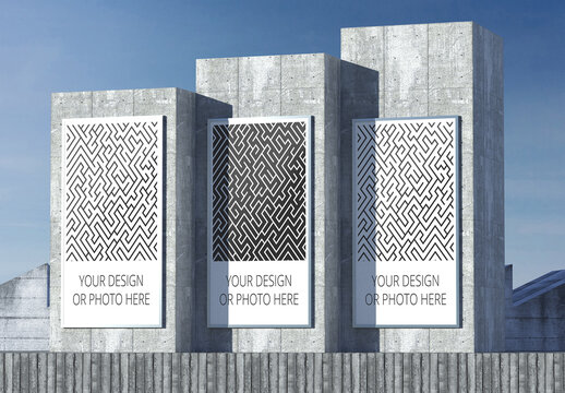 3 Brutalist Architecture Wall Vertical Billboards Mockup