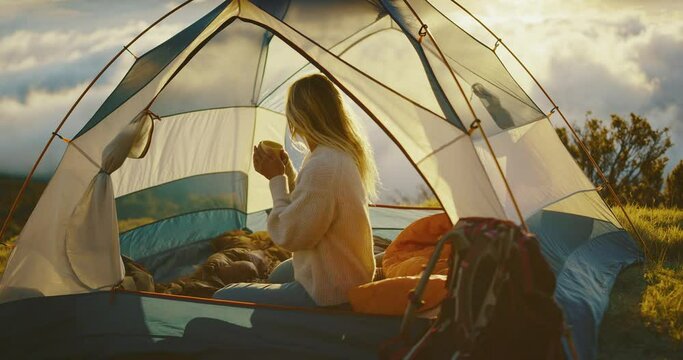 Beautiful woman camping in cozy tent, watching amazing sunset above the clouds, outdoor adventure lifestyle