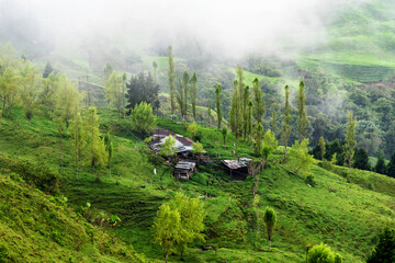 Farmhouse lodge in the rural mountainous part of Colombia located among rolling hills and coffee...