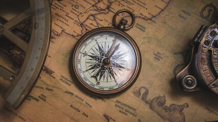 Fototapeta na wymiar Compass On Old Map