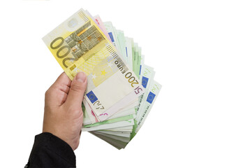 business woman hand with euro banknotes isolated on a white background. The concept of corruption....