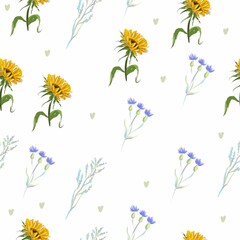 Flowers sunflowers seamless pattern white background. garden. field flowers.