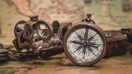 Fototapeta na wymiar Antique Compass And Map