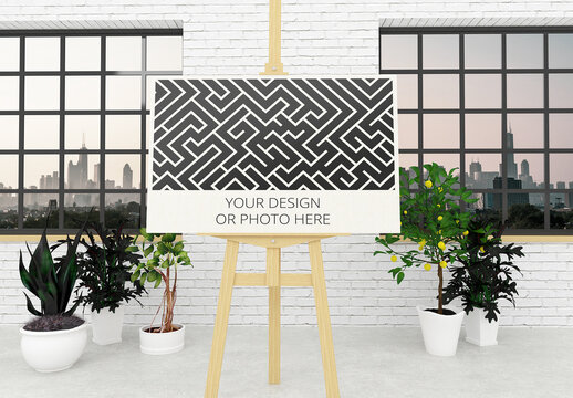 Horizontal Poster Easel Stand Mockup with Contemporary Interior