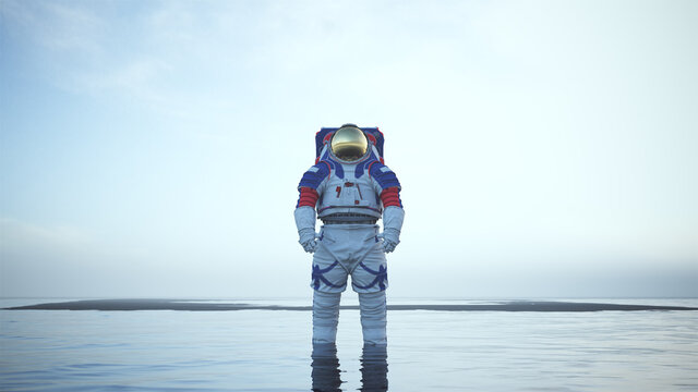 Mysterious Astronaut with Gold Visor Standing in Water with Black Sand Sunrise Sunset 3d illustration 3d render	