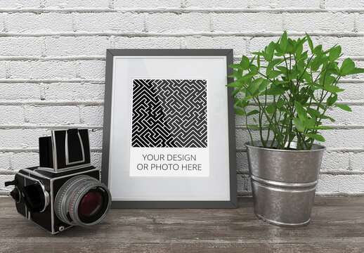 Photo Art Vertical Frame Mockup with Camera and Flower