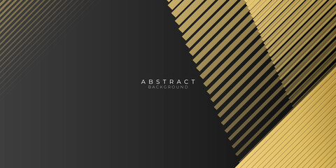 Vector luxury tech background. Stack of black paper material layer with gold stripe. Arrow shape premium wallpaper. Black background overlap gold and black sheets, modern abstract widescreen