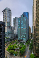 Aerial view of modern glass and steel skyscrapers and empty city streets in downtown Vancouver Canada