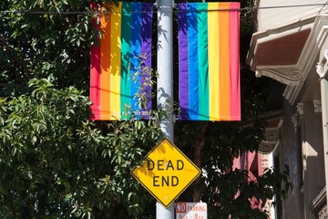 Pride flags hanging from a pipe with a [DEAD END] road sign under the sunlight