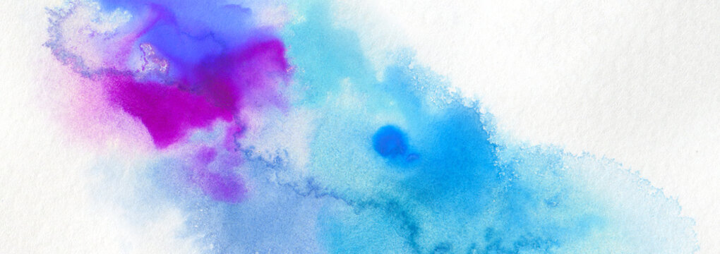 Abstract color watercolor cloud and ink blot painting horizontal background.