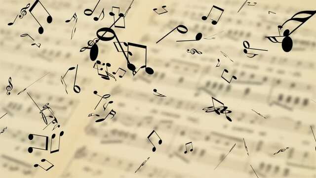 Music notes falling on the blurred background with old music sheet