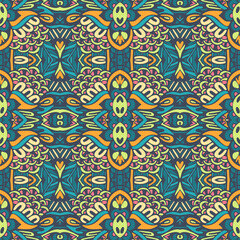 Vector seamless pattern ethnic tribal geometric psychedelic colorful print. Grunge decor