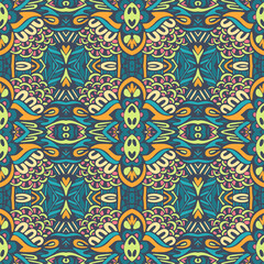 Vector seamless pattern ethnic tribal geometric psychedelic colorful print. Grunge decor