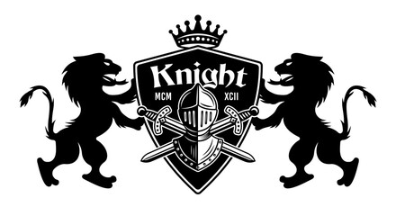 Obraz premium Lions holding shield with knight and swords vector