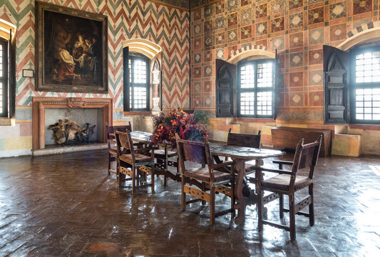 Angera, Italy - April 20, 2018: Interiors of Fortress Borromeo of Angera or Rocca di Anger. Is Castle of the lake Maggiore in Angera.