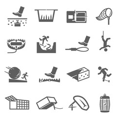 Traps, hunting, poaching line and bold icons set isolated on white. Business risk and danger pictograms.