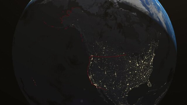 Seamless Looping 3d animated earth showing the boarders of the USA and the state Wisconsin at night in 4K resolution