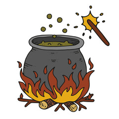 Vector cartoon witch cauldron with magic wand and potion. Halloween illustration. Vector illustration