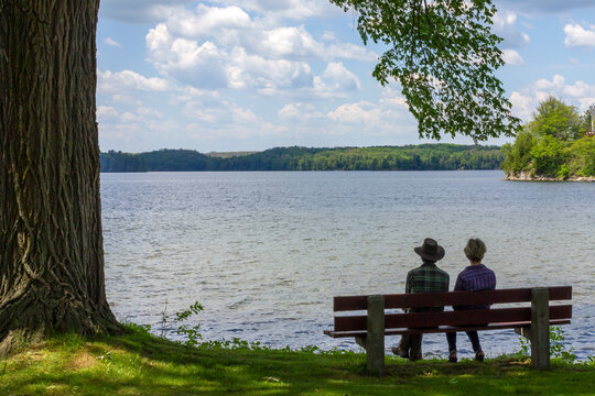 romantic mature couple admires scenic nature of Sharbot lake view in summer in Ontario, Canada, concept of happy retirement