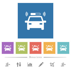 Flashing police car flat white icons in square backgrounds