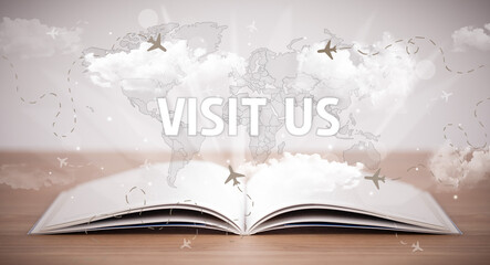 Open book with VISIT US inscription, vacation concept