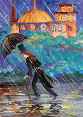 Fototapeta premium A man in a black tailcoat and top hat under a black umbrella walks in the rain against a strong wind