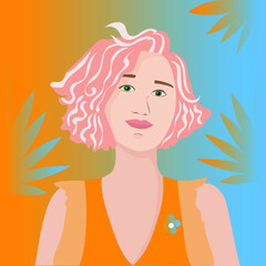 Portrait of a beautiful young girl on vacation. Blond curly hair on a background of palm leaves. European woman avatar. Vector flat illustration.