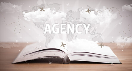 Open book with AGENCY inscription, vacation concept