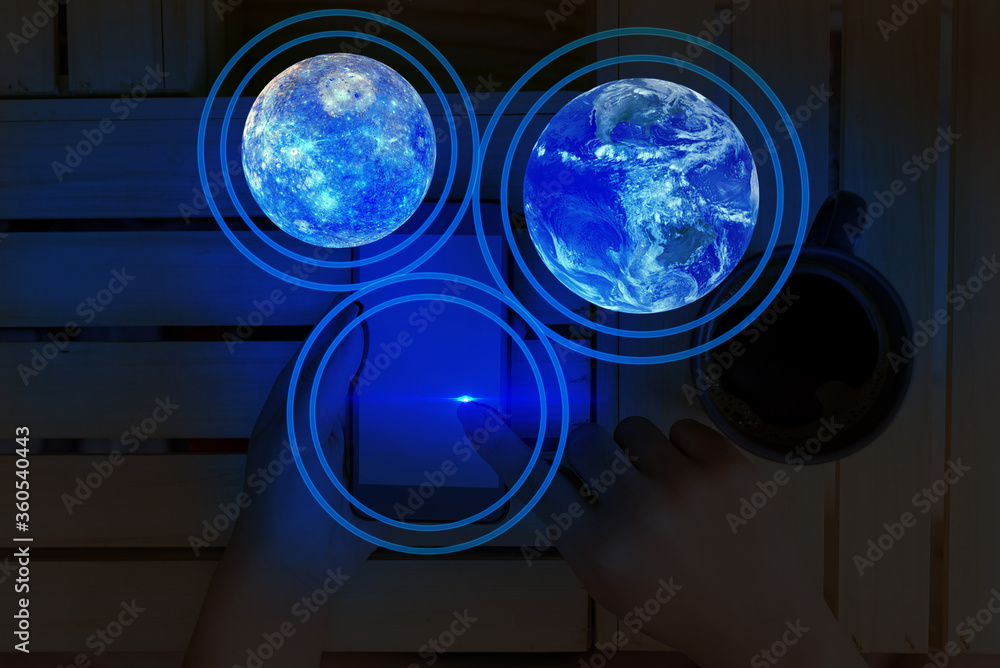 Poster digital image of distant solar system showing global technology networks. elements of this image fur