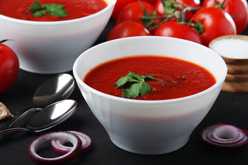 Two plates with gazpacho - traditional Spanish tomato soup