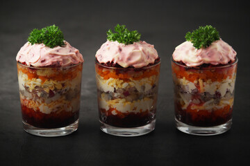 Dressed herring or herring under fur - traditional Russian salad